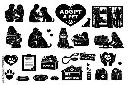 Pet adoption icons: dogs, cats, volunteers, donations, supplies.