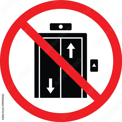 No Elevator, Prohibited Sign, Red Circle, Vector Icon
