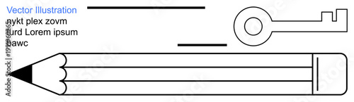 Design thinking, creativity, education, problem-solving, innovation, abstract art. Minimalist outline of pencil and key alongside abstract straight lines. Creativity and education concept