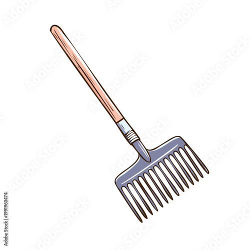 Illustration of a garden rake with a wooden handle and metal tines for yard work and landscaping tasks