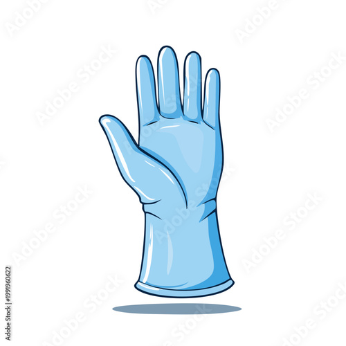 Hand wearing a blue medical glove raised in stop gesture or for protection