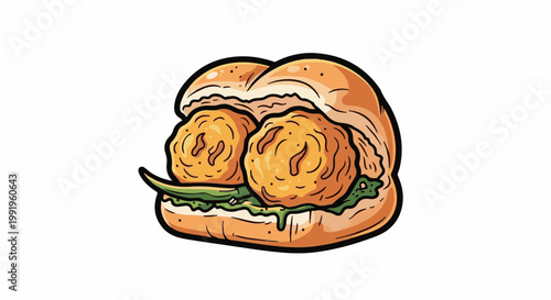 A cartoon-style illustration of a sandwich with two large, round fried patties and green fillings