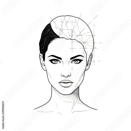 Facial Mapping Illustration of a Woman's Face with Geometric Lines for Plastic Surgery and Aesthetic Planning