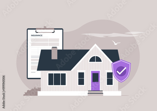 Illustration captures a charming family house representing safety through insurance, with a clipboard detailing important coverage, A peaceful atmosphere is created.