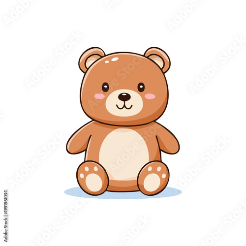 Cute cartoon brown teddy bear sitting happily with rosy cheeks and rounded ears