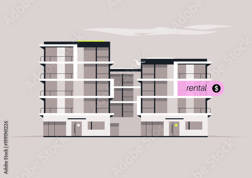 A sleek apartment building stands proudly, with its modern architecture and spacious balconies, Neon accents draw attention to real estate concepts under the clear blue sky.