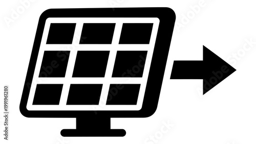 Solar panel icon with arrow pointing right, representing energy generation and renewable power supply, flat vector illus
