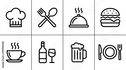 Minimalist black line food and restaurant icons set including chef hat burger coffee and cutlery on white background, concept for menu design, catering services and kitchen branding