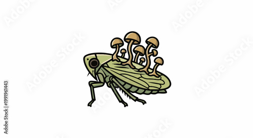 A cartoon insect with a cluster of small, tan mushrooms growing from its back