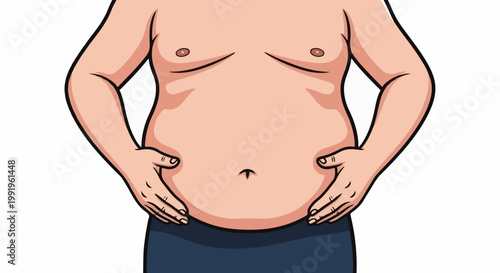 A cartoon illustration shows a bare torso with plump abdomen and hands resting on hips