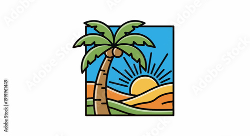 A cartoon image depicts a tropical scene with a palm tree, rolling hills, and a sun