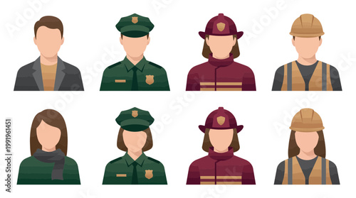 Diverse set of minimalist faceless avatars representing various professions like business executive police officer and firefighter, concept for career recruitment, employment and human resources