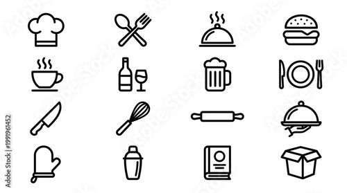 Minimalist black line icons of restaurant equipment, food items, kitchen tools and cooking utensils on white background, concept for menu design, website interface and digital branding