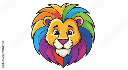 A cartoon lion face with a rainbow-colored mane and friendly expression