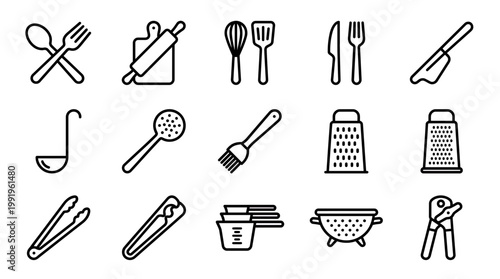 Black line icons set of various kitchen utensils and cooking tools on white background, concept for culinary blog interface, restaurant menu design and kitchenware catalog