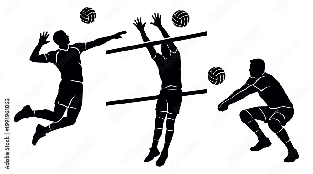 Fototapeta premium Collection of black silhouettes depicting volleyball players jumping for spike and blocking at the net, concept for manager leadership, executive teamwork and office worker motivation