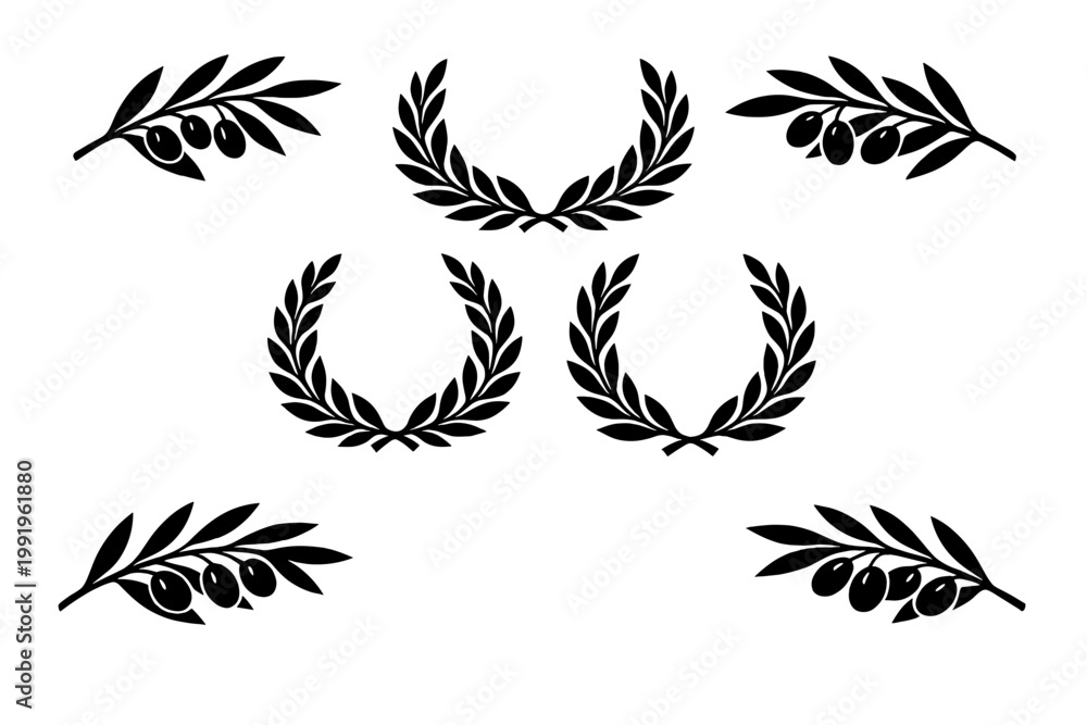 Obraz premium Black Silhouette Set of Olive Branches and Laurel Wreaths for Peace and Victory Symbols. Simple Flat Vector Illustration of Mediterranean Foliage, Ancient Greek and Roman Achievement Icons.