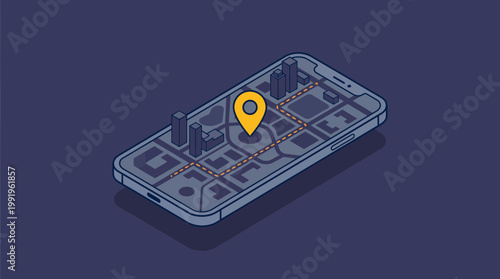 Isometric smartphone displaying a city map with navigation route and yellow location pin on dark background, concept for mobile navigation app, urban logistics tracking and travel guidance