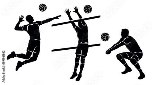 Collection of black silhouettes depicting volleyball players jumping for spike and blocking at the net, concept for manager leadership, executive teamwork and office worker motivation