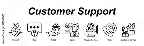 Customer Support banner web icon vector illustration concept with an icon of Support, Help, Ticket, Agent, Troubleshooting, Phone, Customer Service 