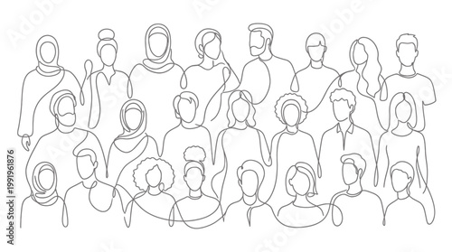 Continuous line drawing of diverse professional team of multicultural businessmen and office workers, concept for corporate teamwork recruitment and social community diversity