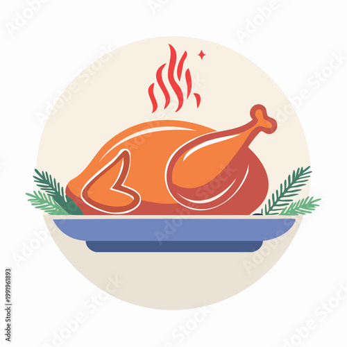 Illustration of a roasted chicken on a platter with festive sprigs