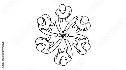 Continuous line drawing of corporate managers joining hands in a circular huddle seen from top view, concept for team building, project collaboration and business partnership