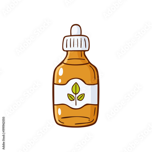 Hand-drawn illustration of a glass dropper bottle with a green leaf logo, containing amber liquid.