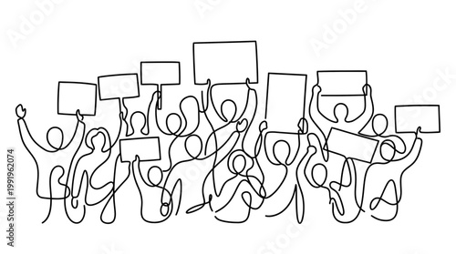 Continuous one line drawing of diverse office workers holding blank placards during labor strike, concept for corporate demonstration, public protest and employee rights advocacy