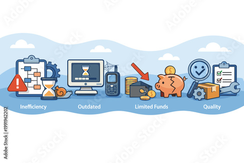 Operational Risks Web Banner Concept with Icons for Inefficiency, Outdated Technology, Limited Funds, and Quality Control. Vector Illustration for Business Management and Process Optimization.