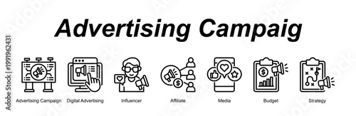 Advertising Campaig banner web icon vector illustration concept with an icon of Advertising Campaign, Digital Advertising, Influencer, Affiliate, Media, Budget, Strategy 