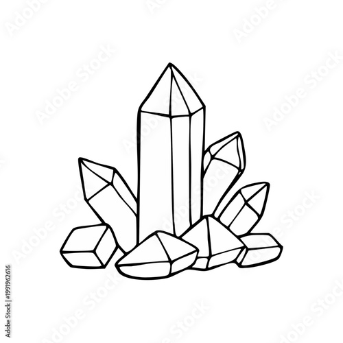 Cluster of faceted crystals or gemstones in a hand drawn line art style