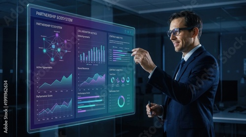 Businessman Interacting With Futuristic Data Interface.