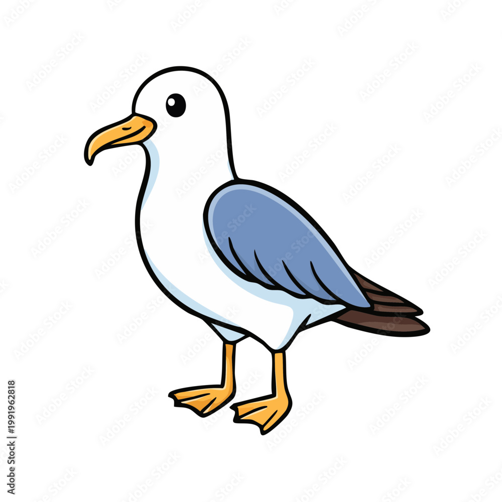 Obraz premium Cute cartoon seagull bird standing on its legs with cartoon style illustration