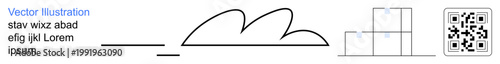 Tech design, logistics, cloud storage, abstract art, inventory management, scanning applications. Simple line art of a cloud, QR code and boxes. Tech design and logistics concept