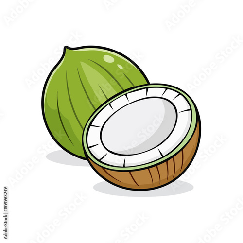 A whole green coconut and a halved coconut showing its white flesh and brown husk