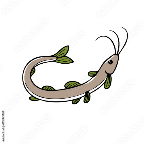 Whimsical Cartoon Eel with Long Whiskers and Green Fins in Playful Pose