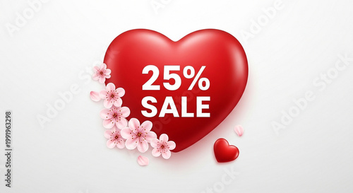 Red heart with 25% sale text and cherry blossoms