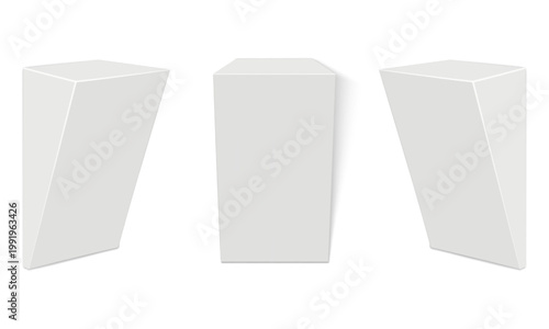 White blank triangle wall pedestal product display stand. Front and half-turned. Realistic vector mockup. Exhibition plinth. 3d mock-up. Wedge shaped shelf podium. Easy editable template for design
