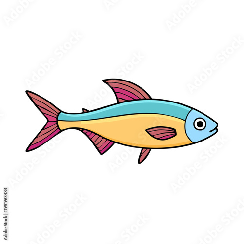 Cartoon aquatic fish with yellow and blue body and red fins swimming