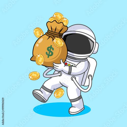 Astronaut Struggling to Carry Heavy Money Bag Full of Gold Coins Vectors Illustration