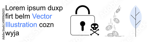 Cybersecurity, online safety, financial risk, data encryption, identity protection, digital threats. Lock with skull, coins and a simplistic tree. Cybersecurity and financial risk concept