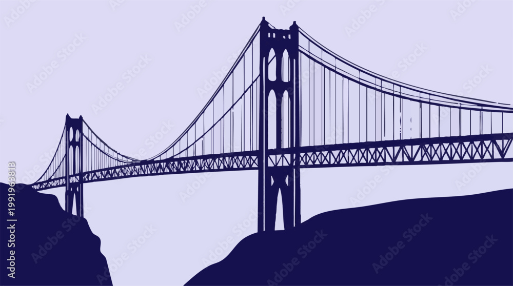 Fototapeta premium Minimalist silhouette illustration of a suspension bridge at twilight