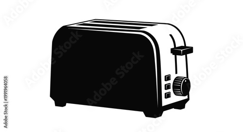 A simple black and white illustration of a classic kitchen toaster