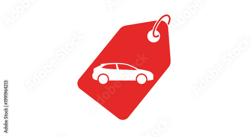 A red price tag displays a white illustration of a compact car