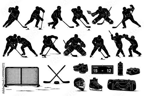 Silhouettes of ice hockey players and equipment in action.