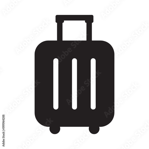 A simple black and white icon depicting a rolling suitcase for travel