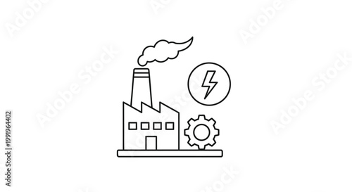 Line drawing of a factory emitting smoke with power and gear symbols