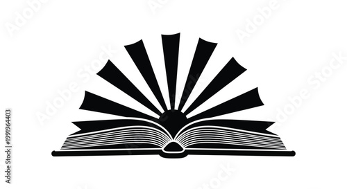 An open book depicted as a radiating sunburst in black and white