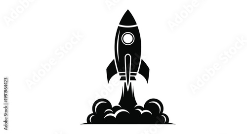 A black silhouette of a rocket launching with fiery exhaust trails